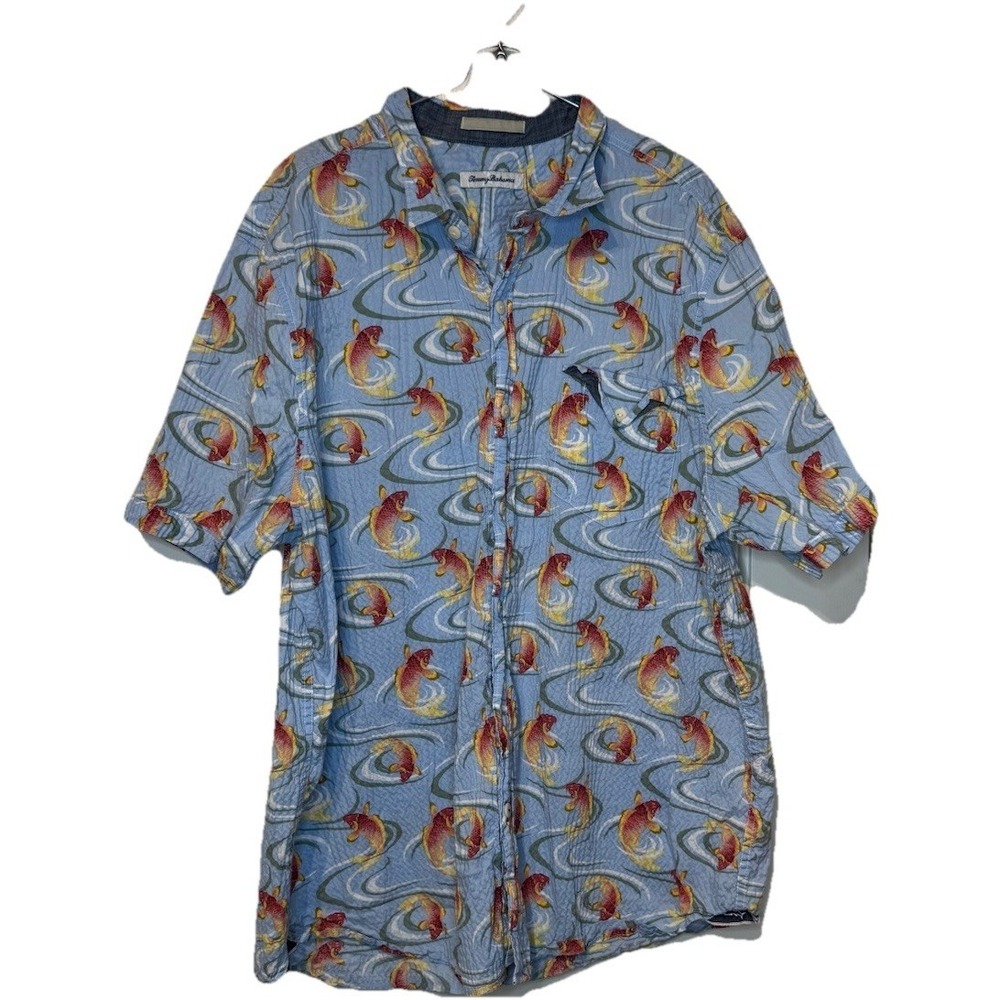 Tommy Bahama Men's Camp Shirt Short Sleeve Summer Koi Fish Stretch Seersucker XL
